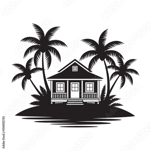 Tropical island bungalow with palm trees vacation