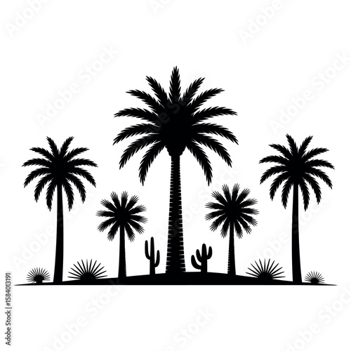 Desert oasis palm trees and cacti silhouette