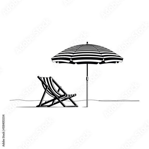 Striped beach chair and umbrella on sand beach umbrella