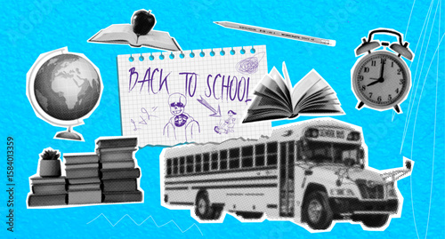 Creative contemporary art, panoramic pop art collage, school supplies, bus, books, alarm clock, school education concept, globe, pencil, notebook
