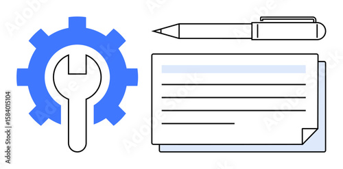 Blue gear with wrench symbol, pen, and stacked documents highlighting work processes. Ideal for maintenance, planning, engineering, workflow, documentation, strategy development simple flat metaphor