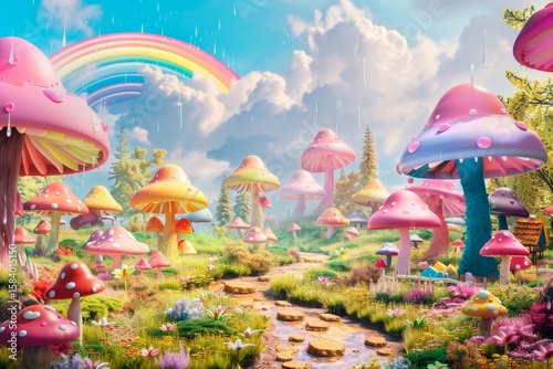 Fantasy Mushroom Village with Rainbow