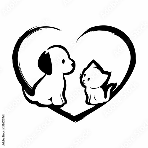 Cute dog and cat sitting together inside a heart outline  