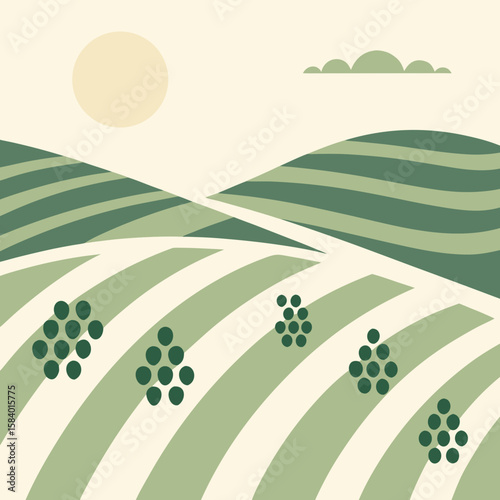 Digital illustration of rolling green hills under a bright sun  