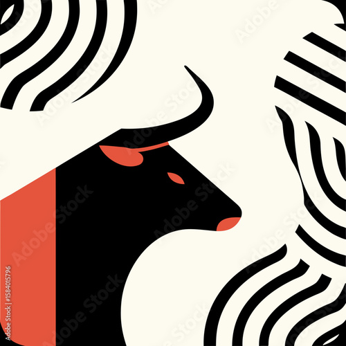 Abstract bull illustration with bold lines and contrasting colors  