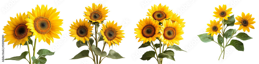 Fototapeta premium Sunflower Collection: A vibrant assortment of sunflowers, each radiating with cheerful yellow petals and a central dark disc, representing beauty and natural charm. Isolated on Transparent Background