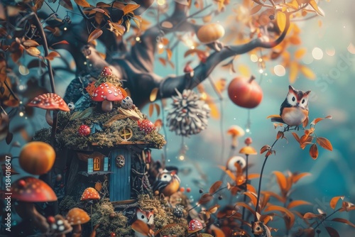 Autumn Forest with Enchanted Tree Houses