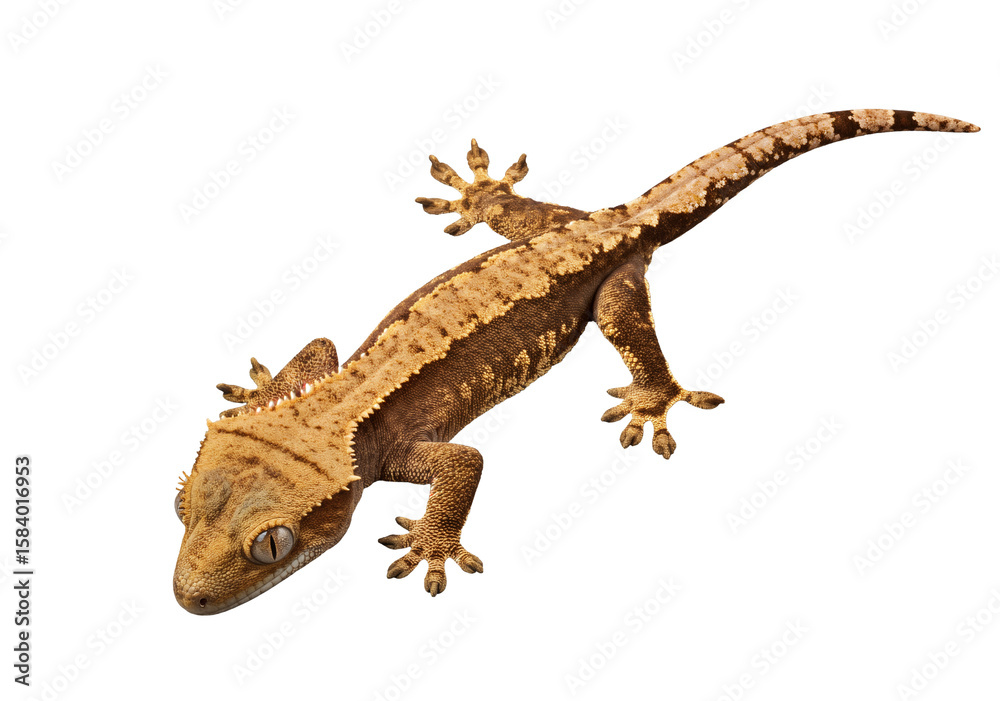 Naklejka premium Light brown crested gecko with darker stripes on light background, detailed and as transparent PNG