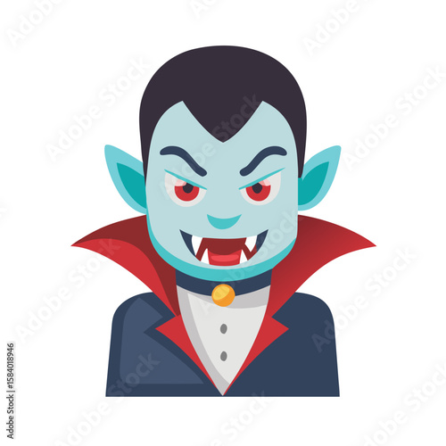 Cartoon vampire with fangs and red eyes wearing a cape and suit