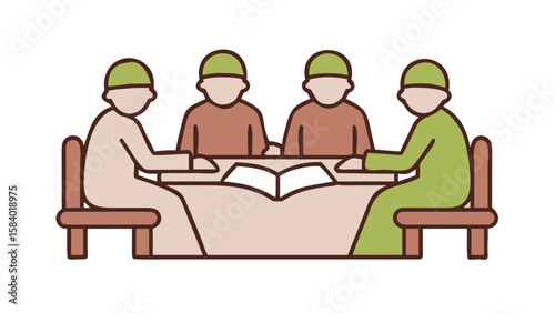 Four people wearing kufi caps sit around a table reading a book