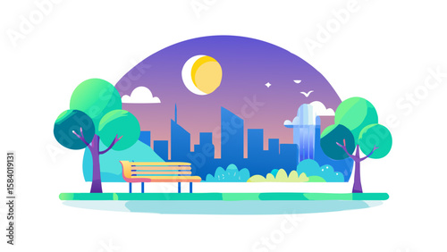 Serene park scene with city skyline and crescent moon at twilight