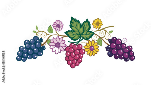 Decorative border with colorful grapes and flowers on a black background