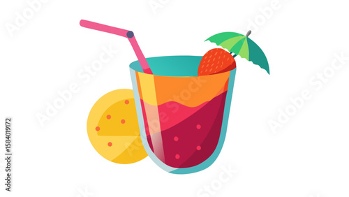 Refreshing layered tropical cocktail with strawberry and lemon slice