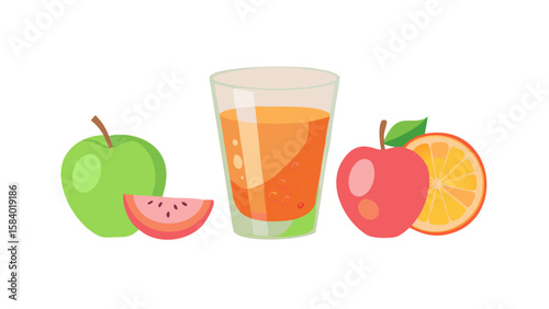 Refreshing glass of orange juice with apples and guava slices
