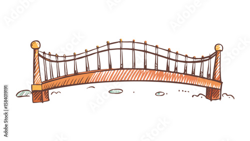 Whimsical hand drawn wooden footbridge with railing isolated on white background