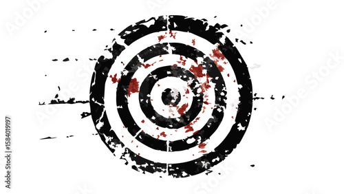 Abstract concentric circles with red and white distressed texture isolated on white background