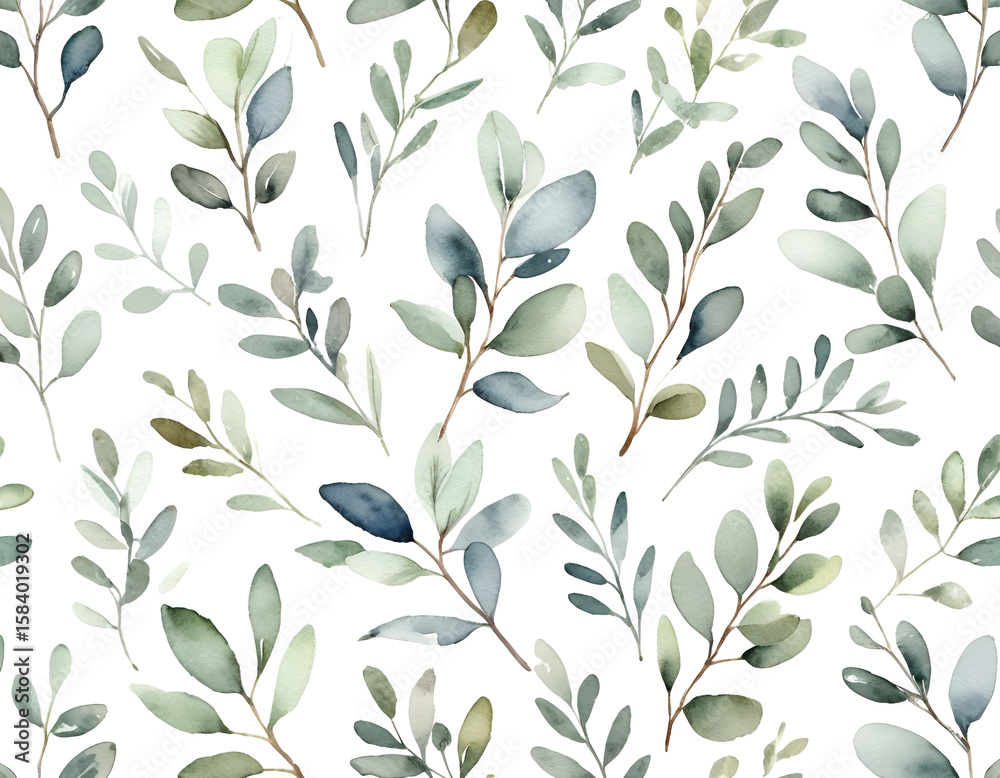 Fototapeta premium A seamless watercolor pattern of delicate green leaves and branches on a white background