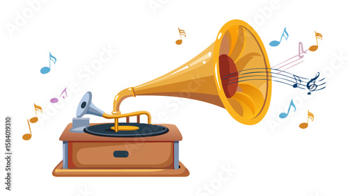 Vintage gramophone playing music with colorful notes isolated on white background
