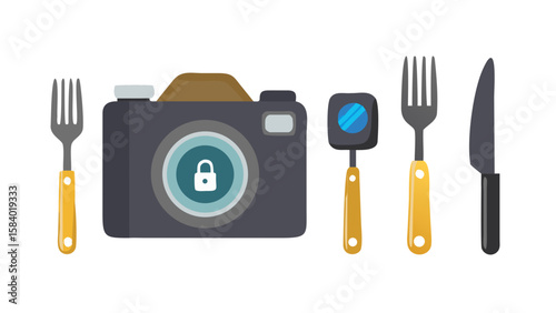 Camera with padlock and cutlery isolated on white background