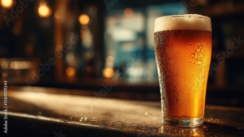 Cold beer in a glass on a bar top