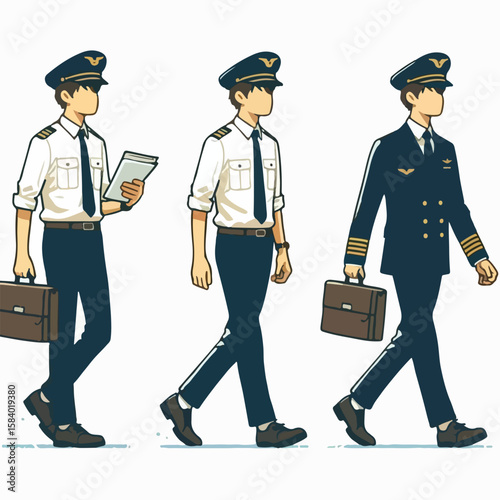image of a pilot walking in a terminal with a simple and minimalist flat design using a white background