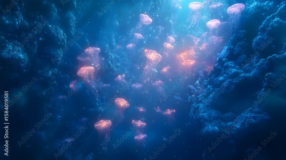 Obraz premium Numerous bioluminescent jellyfish illuminate a dark deep sea environment among intricate blue coral structures