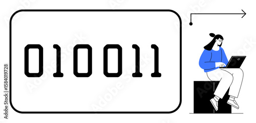 Binary code displayed with a seated programmer using laptop, exploring coding, programming, and technology. Ideal for software development, computer science, data analysis, IT, innovation learning