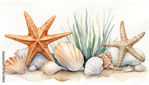 A charming watercolor illustration of seashells and starfish on a beach, isolated on white
