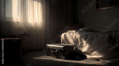 Unoccupied hotel room with unzipped suitcase under slanting side light
