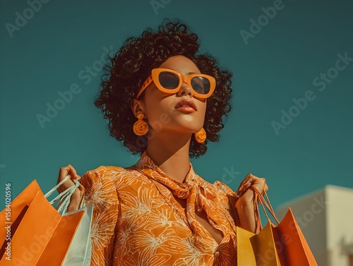 A stylish woman with sunglasses and shopping bags enjoys a sunny day out in bright orange attire outside.