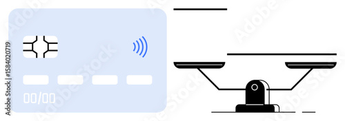 Credit card with contactless payment icon beside balance scale representing financial equilibrium, budgeting, and monetary fairness. Ideal for banking, payment, budgeting, equality, economy