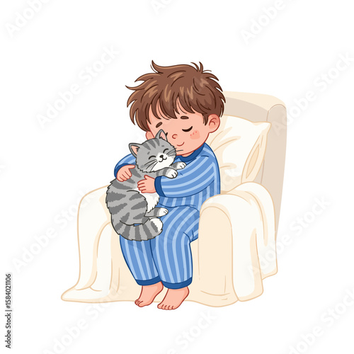 Sleepy Boy Hugging Cat in Pajamas – Cozy Cartoon Vector Illustration

