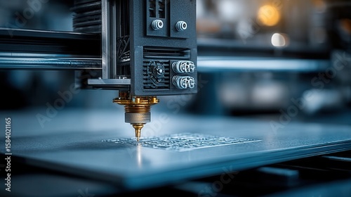 Close-up of a 3D printer creating a detailed prototype in a workshop