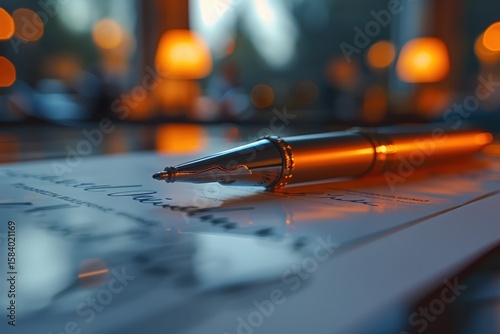An elegant fountain pen rests on a signed document, such as a new law, treaty, or important contract. The soft, warm lighting and shallow depth of field emphasize the significance of the moment