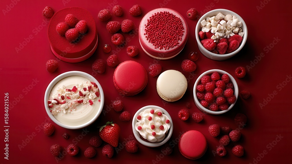 Fototapeta premium Red desserts artfully arranged with fresh raspberries and sprinkles