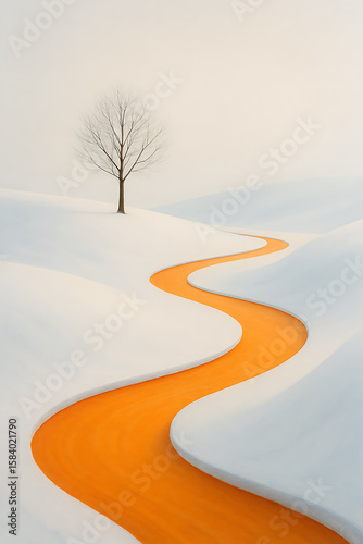 A surreal and minimalist winter landscape featuring a vibrant orange river winding like a path through pristine snow-covered hills towards a single bare tree.