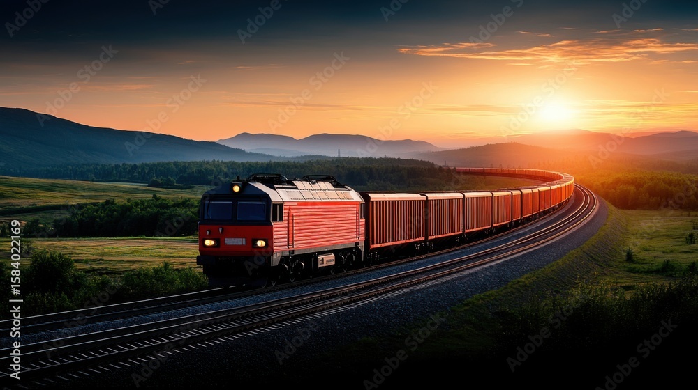 Obraz premium Scenic sunset train journey through beautiful countryside landscape