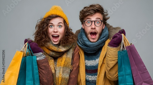 An excited young couple in winter clothes holds shopping bags after finding amazing deals and great discounts.