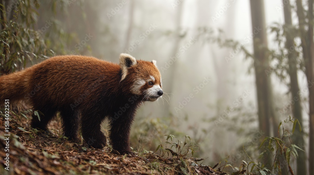 Fototapeta premium Red Panda Explores Bamboo Forest in Misty Mountain Setting Capturing the Essence of Nature