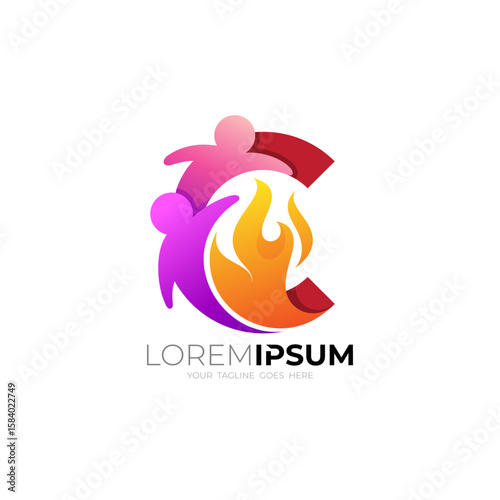 C logo with people care design template, c logo and fire design