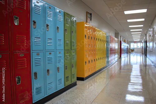 Colorful lockers line a school hallway