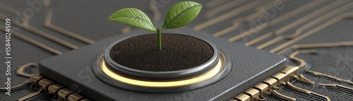 A tiny plant emerges from a computer chip, illustrating the intersection of technology and natural life - delicate small natural digital intelligence