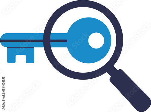 Find keyword concept, blue key with magnifying glass for search engine optimization.