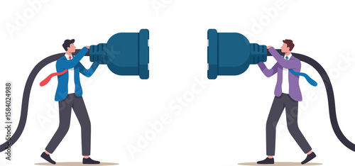 Businessmen connect power plugs, a metaphor for collaboration, teamwork, and synergy concept.