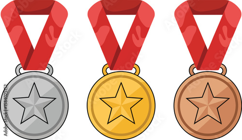 Gold, silver, and bronze medals with star emblems and red ribbons represent achievement.