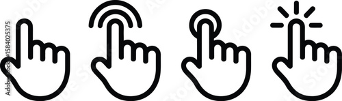 Hand cursor icons show click, tap, and touch actions for user interface design elements.