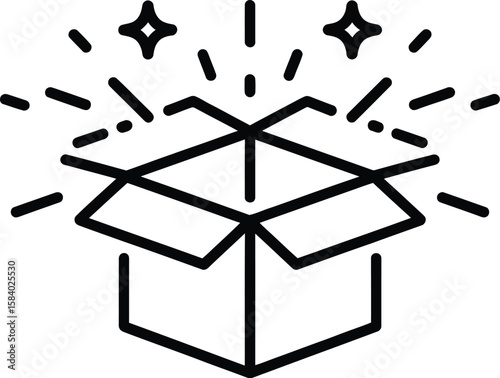 Open box with sparkles, a minimalist line art illustration for surprise or unboxing concepts.