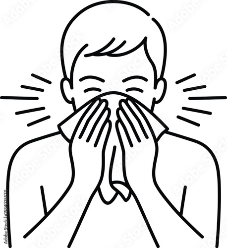 Line art shows a man sneezing into a tissue, depicting illness and hygiene practices.