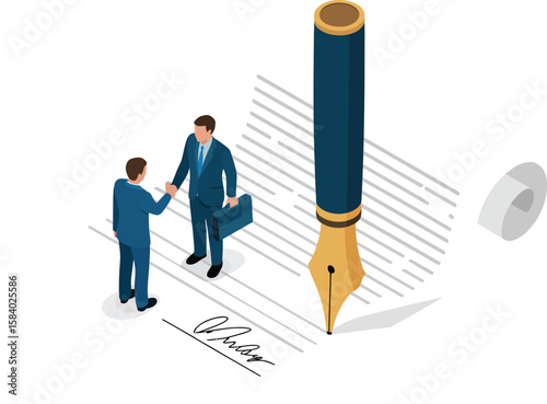 Business deal illustration featuring two businessmen shaking hands on a signed contract.