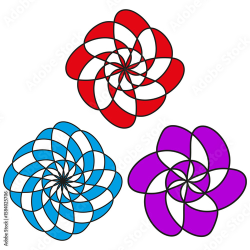 Circular pattern set. Abstract spiral shapes. Dynamic vivid elements. Vector radial design.